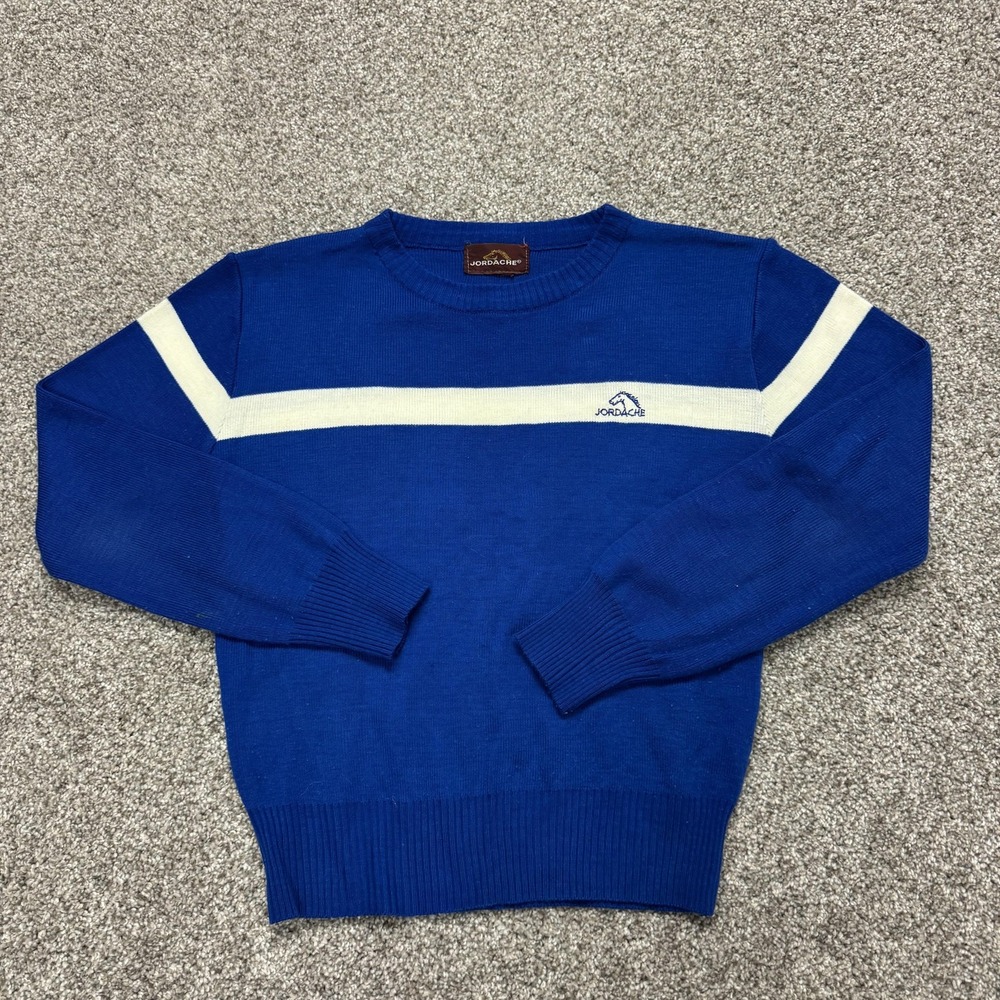 Vintage Jordache Sweater Youth Small Blue Striped Long Sleeve Pullover Horse